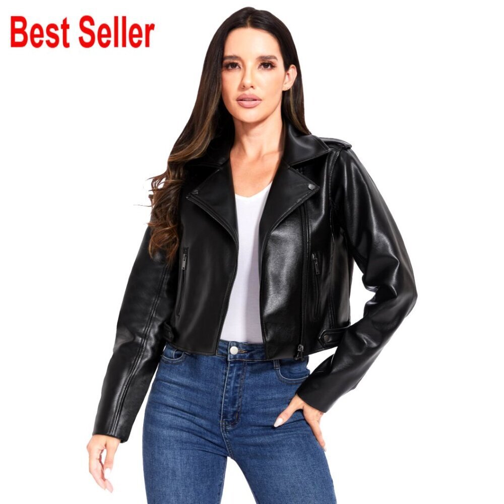 Cropped Faux Leather Motorcycle Jacket Women's S-XXL Casual Blazer